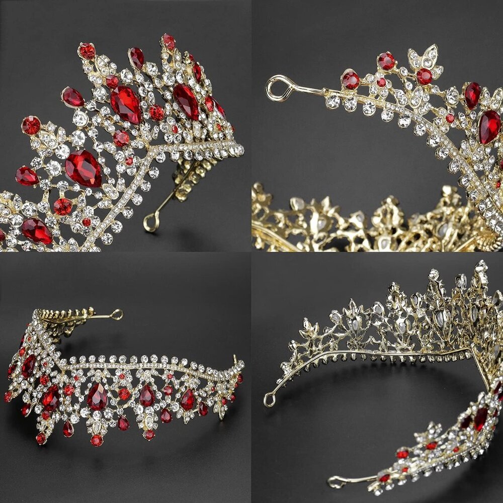 Red Crystal Crown for Women Girls Bridal Party Vintage Tiara Elegant Gift - Picture 4 of 9